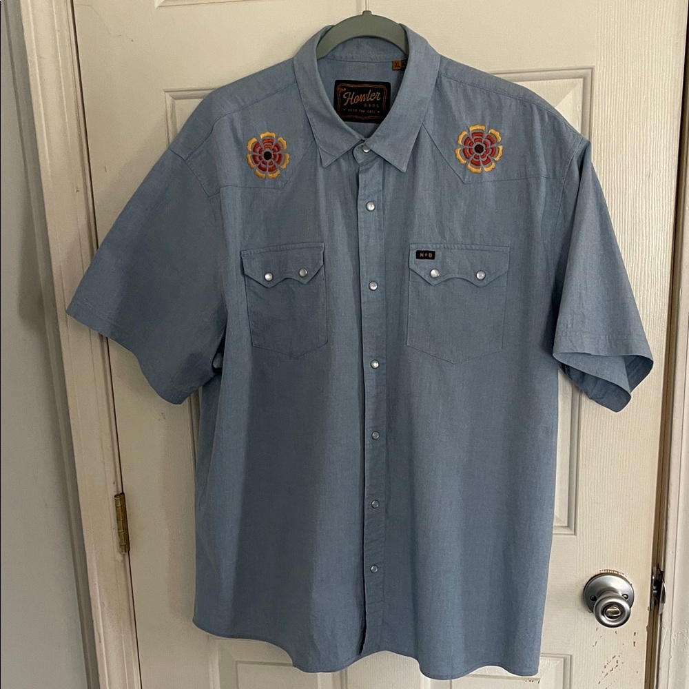 Howler Brothers Blue Shirt with Floral Embroidery
